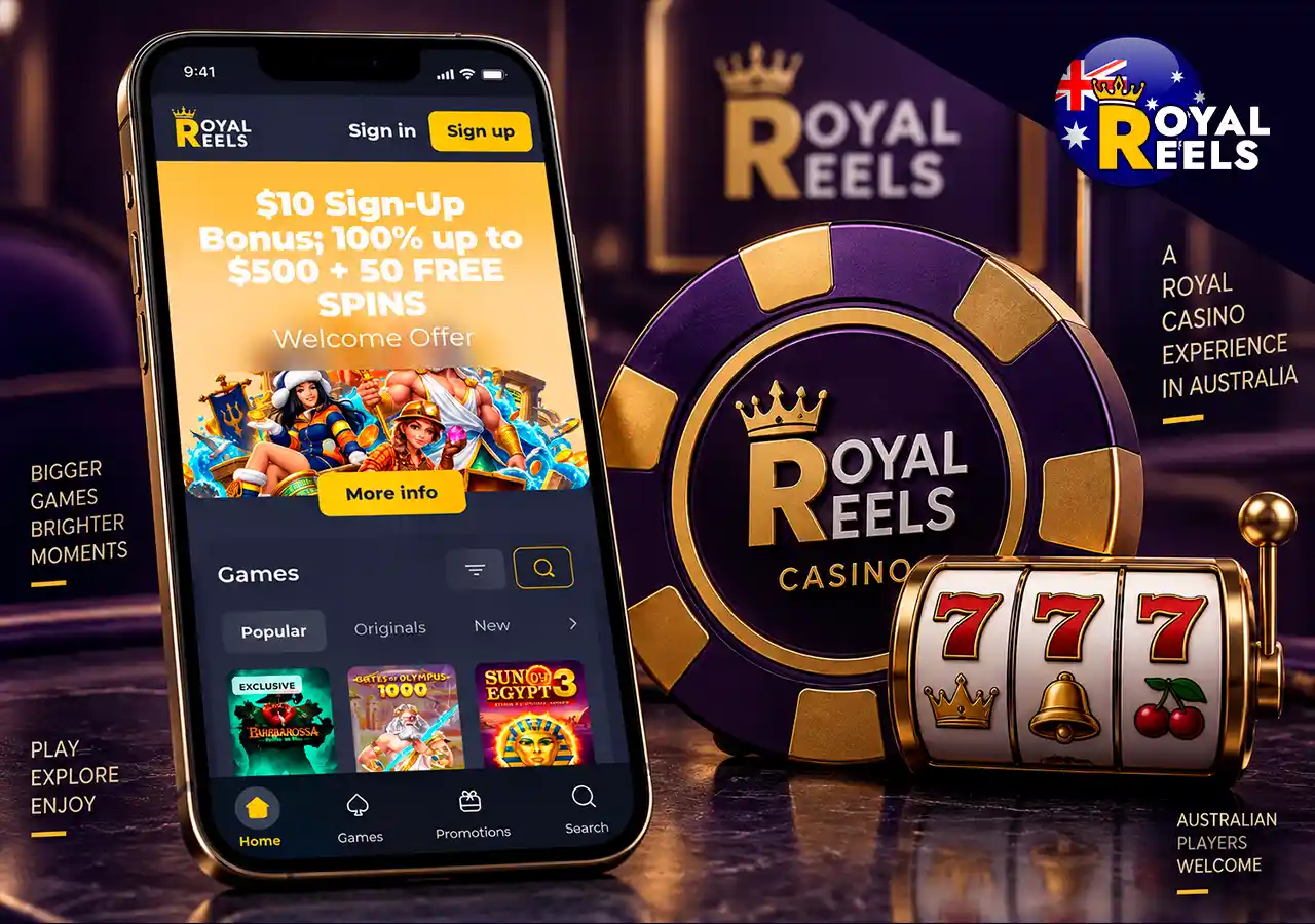 Royal Reels Casino on mobile with pokies symbol and a clean Australian casino review composition.