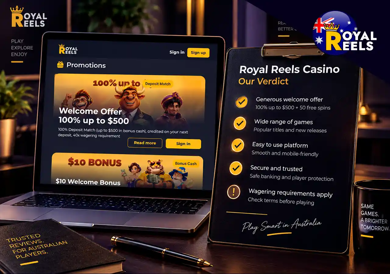 Casino website on laptop with a concise review checklist for Australian players.
