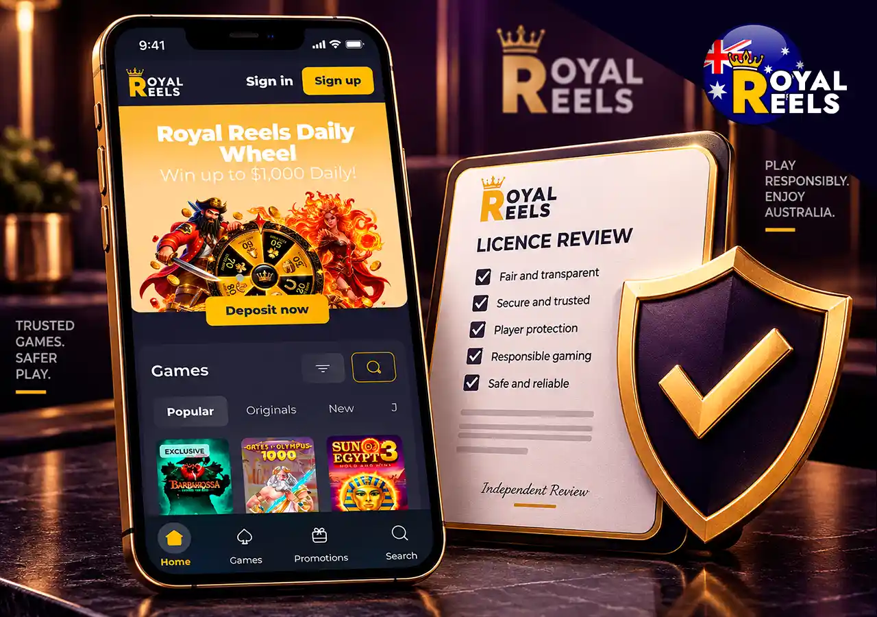 Royal Reels website on mobile with verification shield and licence-review document.