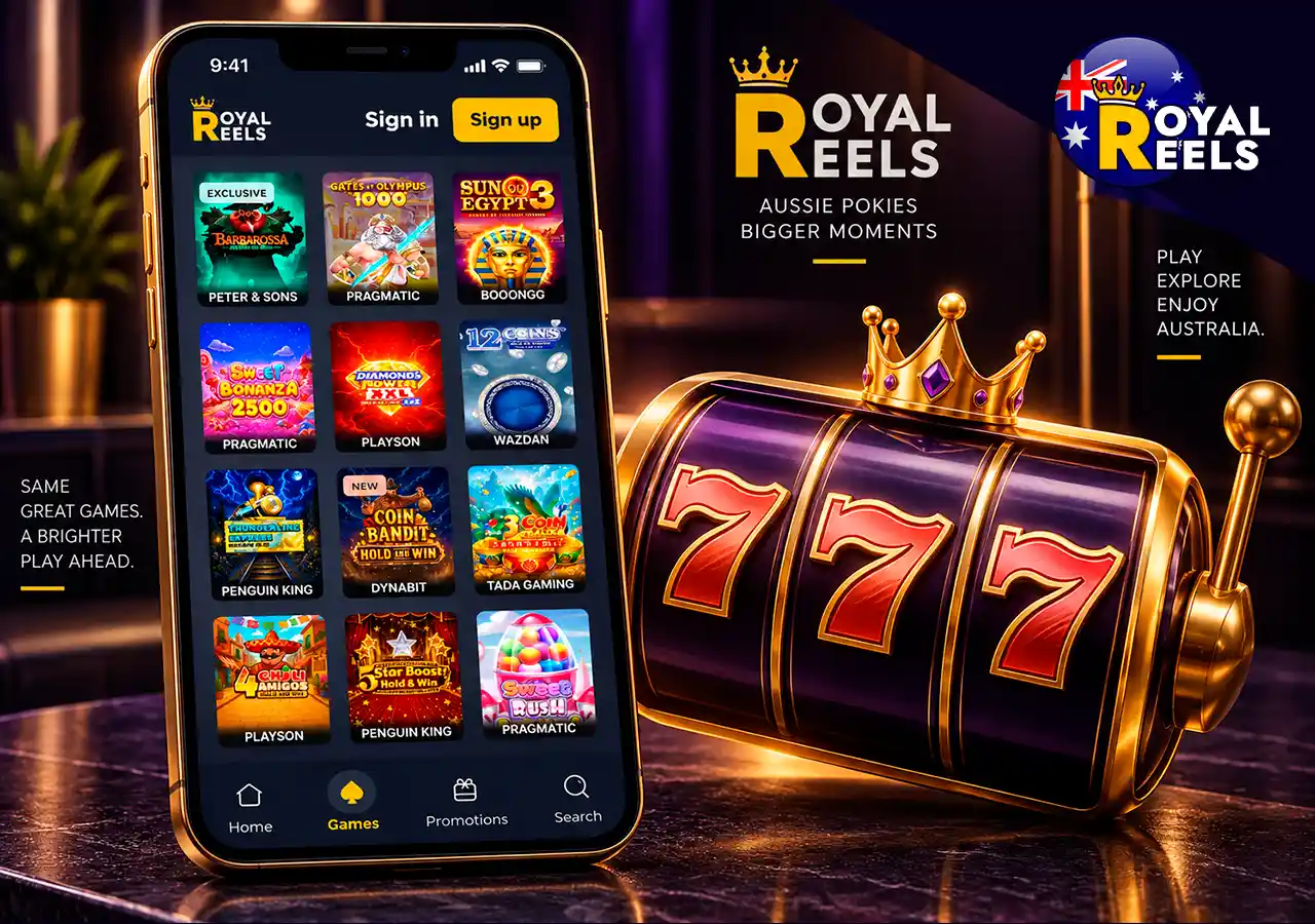 Real games lobby on mobile with a large pokies symbol in a minimal composition.