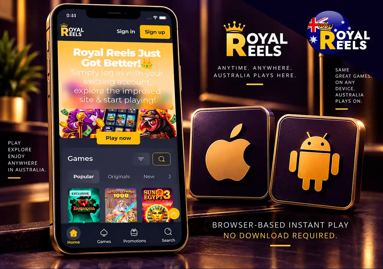Royal Reels mobile site with iOS and Android symbols, showing browser-based instant play.